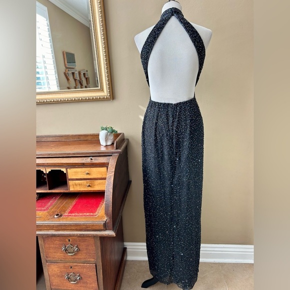 Vintage 90's Cache Black Silk Beaded Sequin Halter Gown Maxi Dress Size Large - Picture 8 of 16